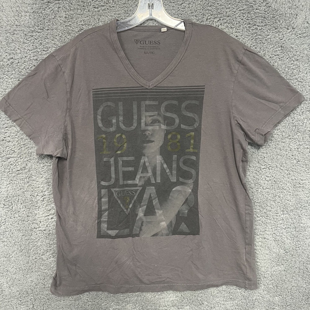 Guess Jeans Co T Shirt Women's Size XL Gray V Neck Designer Grunge Tee